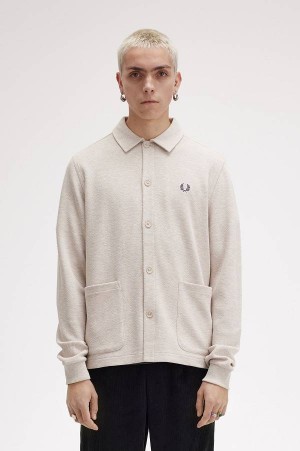 Fred Perry Button Through Long Sleeve Polo Shirt Porridge Marl | FP69922