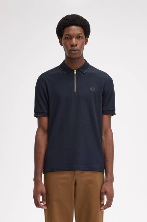 Fred Perry Crepe Piqué Zip Neck Polo Shirt Navy | FP69938