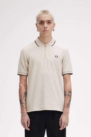 Fred Perry Crepe Piqué Zip Neck Polo Shirt Porridge Marl | FP69987