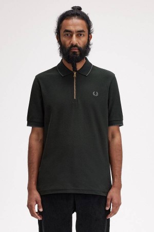 Fred Perry Crepe Piqué Zip Neck Polo Shirt Night Green | FP69925