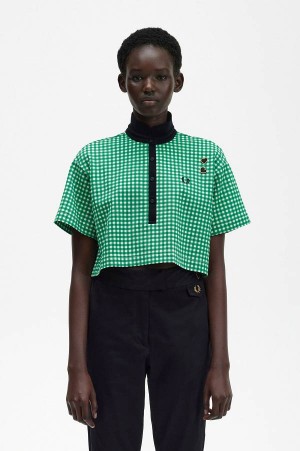 Fred Perry Cropped Gingham Piqué Shirt Fred Perry Green | FP70513