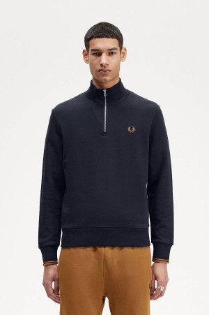 Fred Perry Half Zip Sweatshirt Navy/Dark Caramel | FP70091