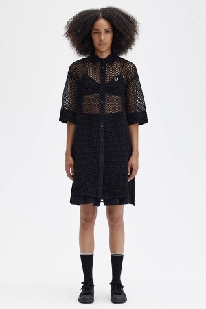 Fred Perry Open-Knit Shirt Dress Black | FP70498