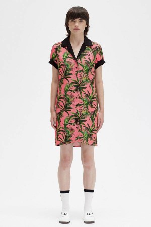 Fred Perry Palm Print Shirt Dress Coral Heat | FP70508
