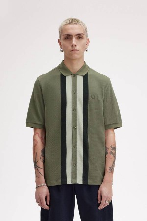 Fred Perry Panelled Button Through Polo Shirt Laurel Wreath Green | FP69960