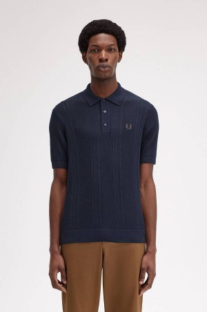 Fred Perry Pointelle Panel Knitted Shirt Navy | FP70120