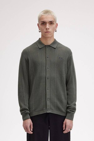 Fred Perry Pointelle Panel Long Sleeve Knitted Shirt Field Green | FP70121