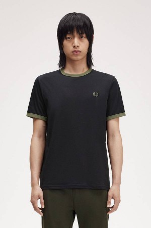 Fred Perry Ringer T-Shirt Black/Laurel Wreath Green | FP70227