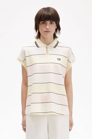 Fred Perry Striped Keyhole Piqué Shirt Ice Cream | FP70511