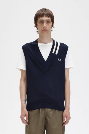 Fred Perry Tipped V-Neck Knitted Tank Navy | FP70139