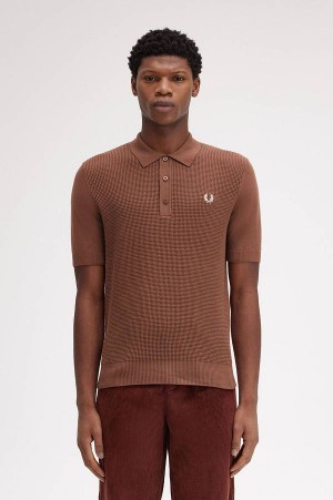 Fred Perry Waffle Stitch Knitted Shirt Whisky Brown | FP70126