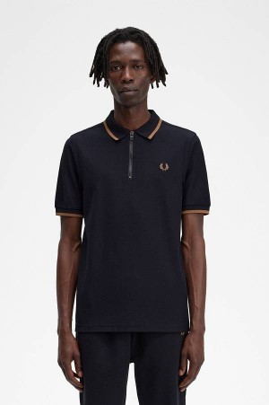 Fred Perry Zip Neck Crepe Polo Shirt Black | FP69861